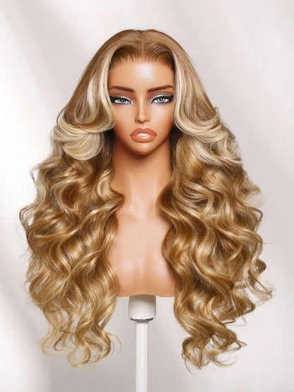 13x4 Pre Everything Long Layered Golden Blonde Blend With Brown Roots Loose Wave Lace Frontal Wig With Face-Framing Curtain Bangs
