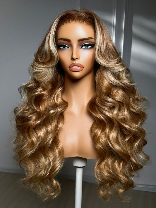 13x4 Pre Everything Long Layered Golden Blonde Blend With Brown Roots Loose Wave Lace Frontal Wig With Face-Framing Curtain Bangs