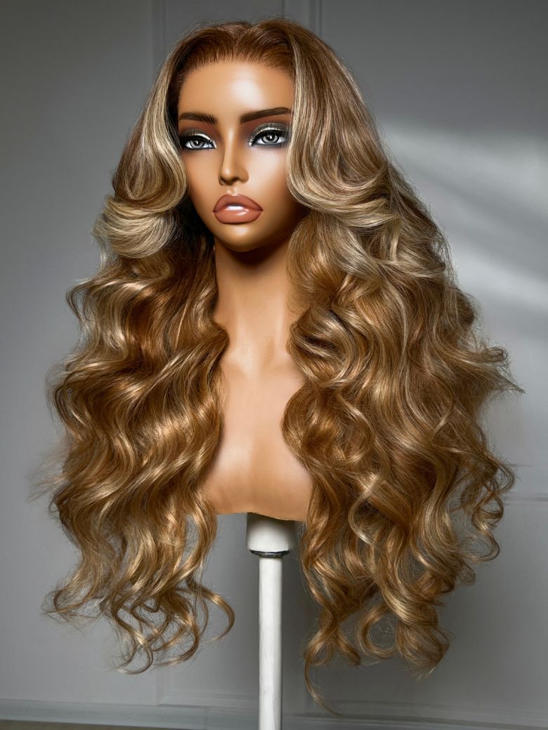 13x4 Pre Everything Long Layered Golden Blonde Blend With Brown Roots Loose Wave Lace Frontal Wig With Face-Framing Curtain Bangs