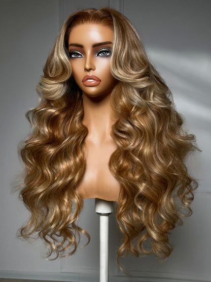 13x4 Pre Everything Long Layered Golden Blonde Blend With Brown Roots Loose Wave Lace Frontal Wig With Face-Framing Curtain Bangs