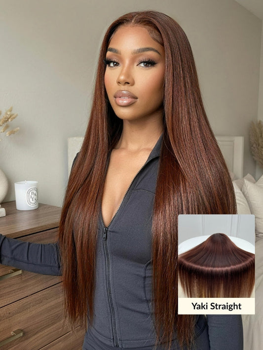 Chestnut Mocha Brown Yaki Straight 7x5 Lace Closure Put on and Go Wig With Elastic Drawstring