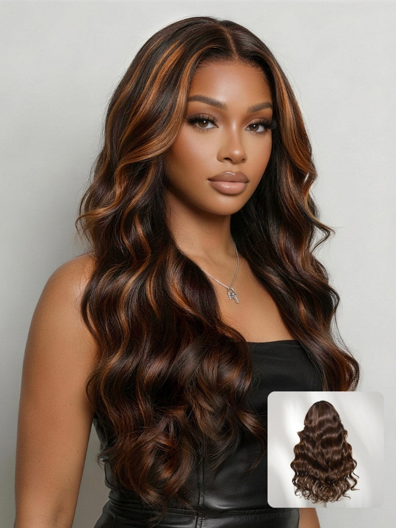 Body Wave Dark Chocolate Brown Highlights 7x5 Pre Cut Lace With No Slip Glueless Wig