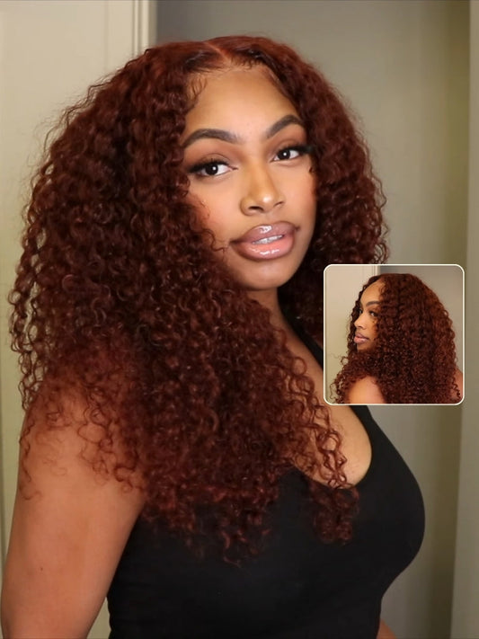 Reddish Brown Jerry Curly 7×5  Bye Bye Knots Wig-Glueless & 100% Human Hair & Elastic Drawstring Flash Sale