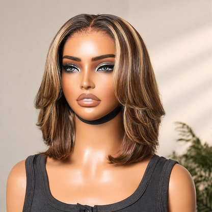 ✨ Ready-to-Wear Highlight Bob Wig – Glueless Short Layered 5x5 Closure Pre-Cut Lace Wig
