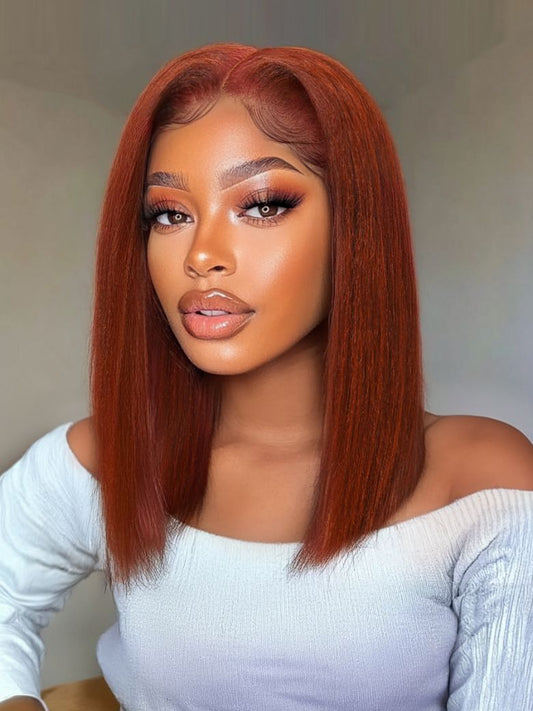 7x5 Bye Bye Knots Reddish Brown Yaki Straight Short Bob Wig With Invisi Drawstring