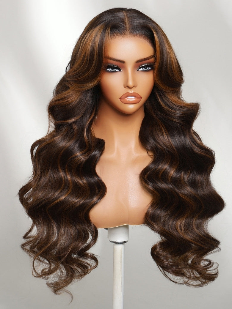 Body Wave Dark Chocolate Brown Highlights 7x5 Pre Cut Lace With No Slip Glueless Wig