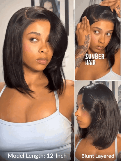 7x5 Pre Cut Rachel-Inspired Blunt Layered Shoulder-Length Silky Straight Bob Lace Wig With Side Part Bangs Flash Sale