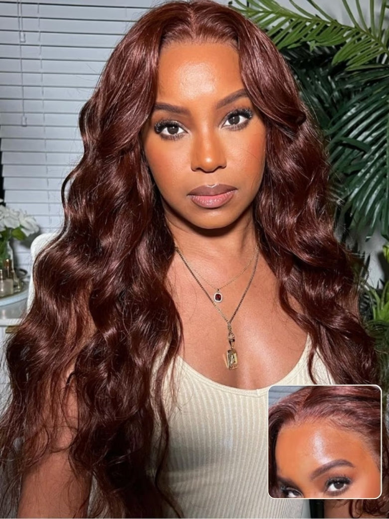 Body Wave Shake And Go Wigs 150% Density Reddish Brown 7x5 Bye Bye Knots Pre-Cut Lace Human Hair Wigs With Pre-Plucked