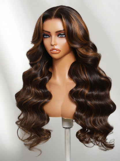 Body Wave Dark Chocolate Brown Highlights 7x5 Pre Cut Lace With No Slip Glueless Wig