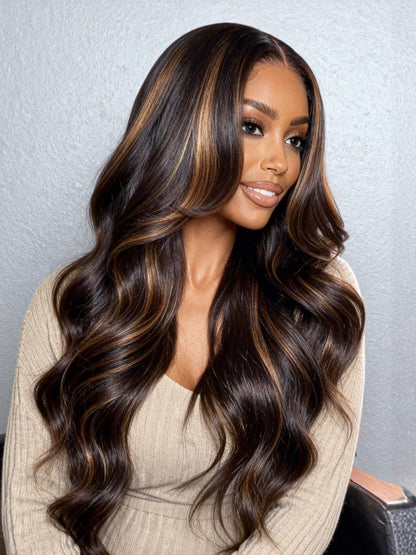7x5 Pre Cut Golden Brown Highlights Yaki Straight Lace Closure Wig With Invisi Drawstring