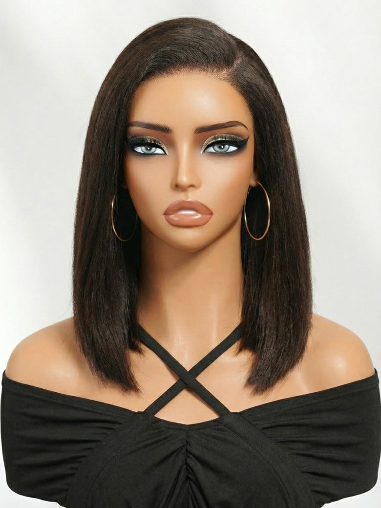 7x5 Pre Cut Side Part Yaki Straight Bob Rich Espresso Brown Shoulder-Length Lace Wig with Invisi Drawstring Flash Sale