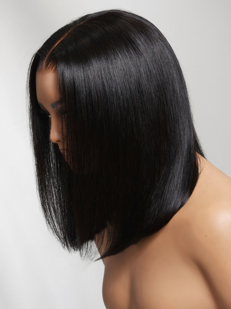 7x5 No Slip Pre-Cut Lace Blunt Cut Silky Straight Bob Wig With Elastic Drawstring Flash Sale