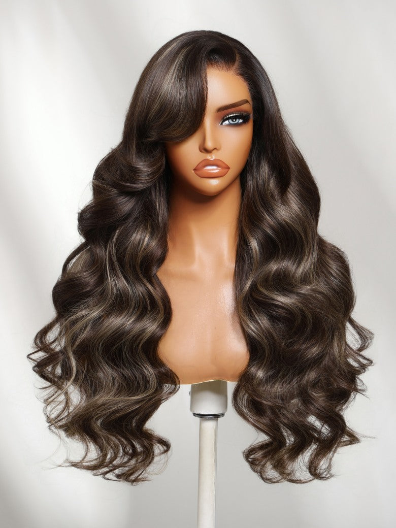 7x5 Pre Cut Dark Brown Chocolate Highlights Lace Part Wig With Side Part Soft Glam Waves
