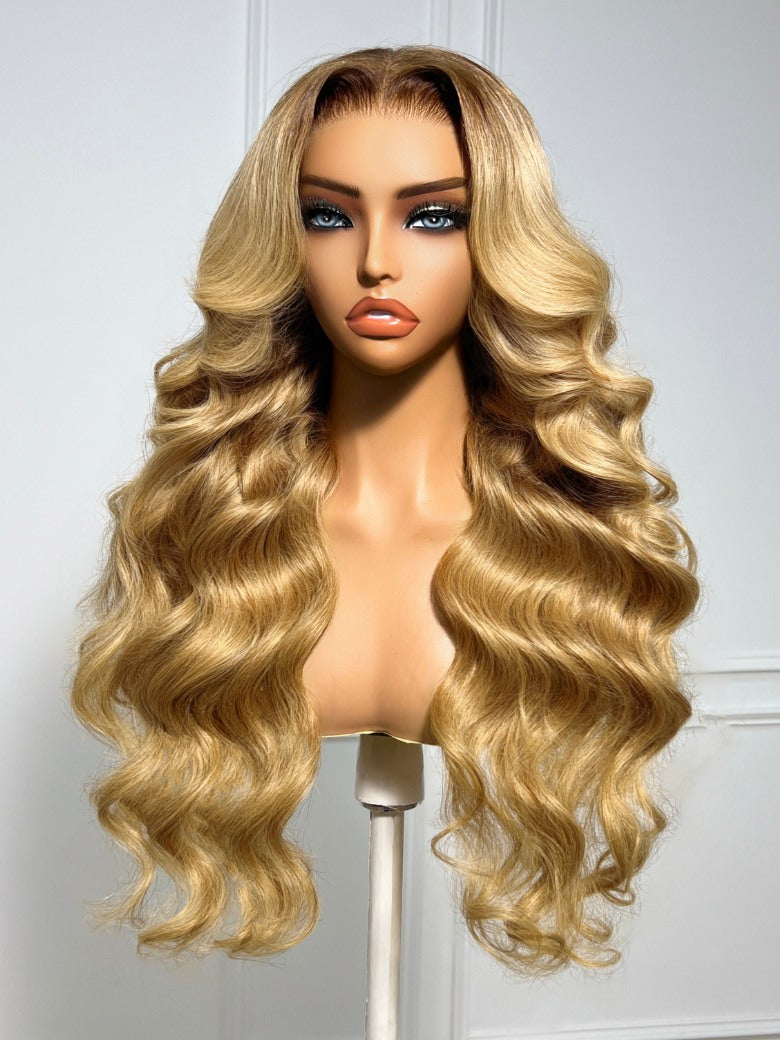 7x5 Pre Cut Sun-kissed Golden Ombre Honey Blonde Long Body Wave Lace Frontal Wig With Brown Roots