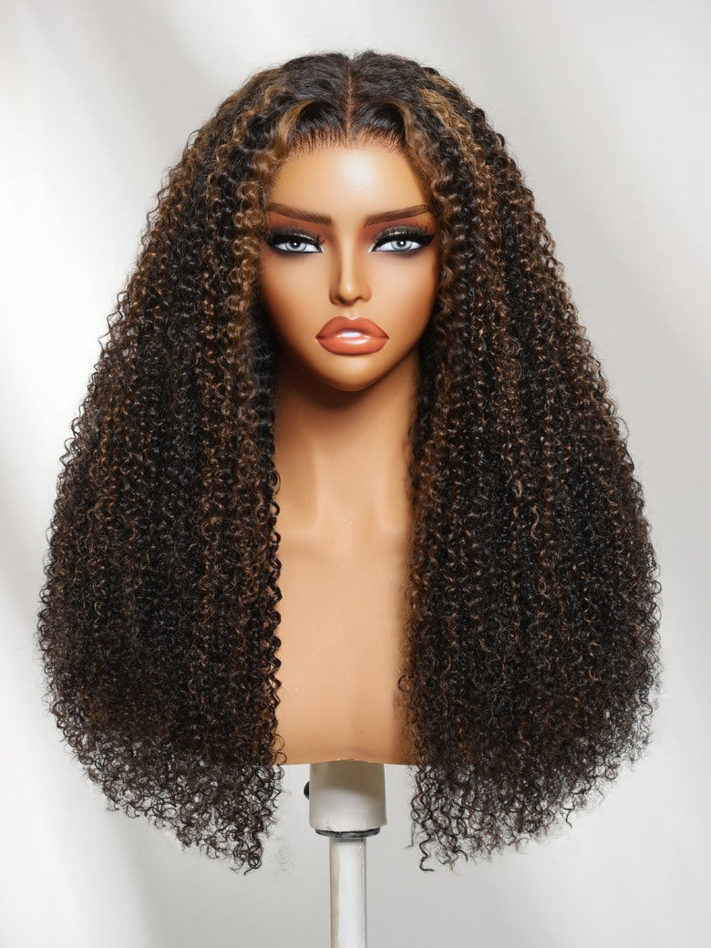 7x5 Pre Cut Golden Brown Highlights Kinky Curly Lace Closure Wig With Invisi Drawstring