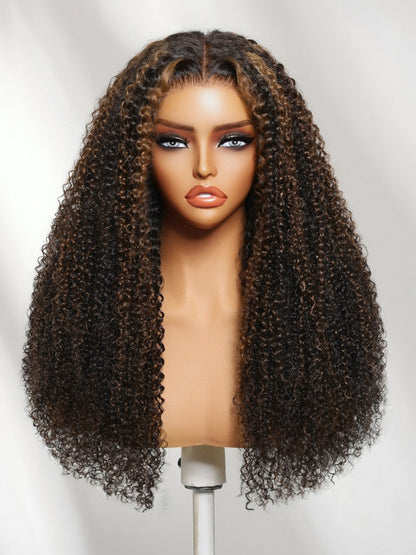 7x5 Pre Cut Golden Brown Highlights Kinky Curly Lace Closure Wig With Invisi Drawstring