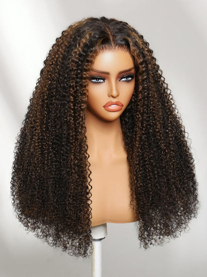 7x5 Pre Cut Golden Brown Highlights Kinky Curly Lace Closure Wig With Invisi Drawstring