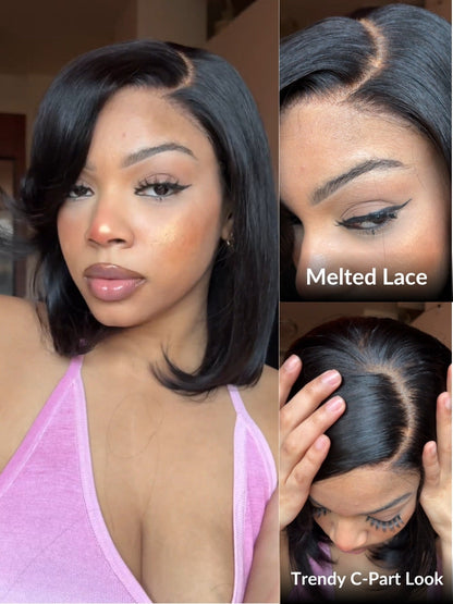 7x5 Pre Cut Rachel-Inspired Blunt Layered Shoulder-Length Silky Straight Bob Lace Wig With Side Part Bangs Flash Sale