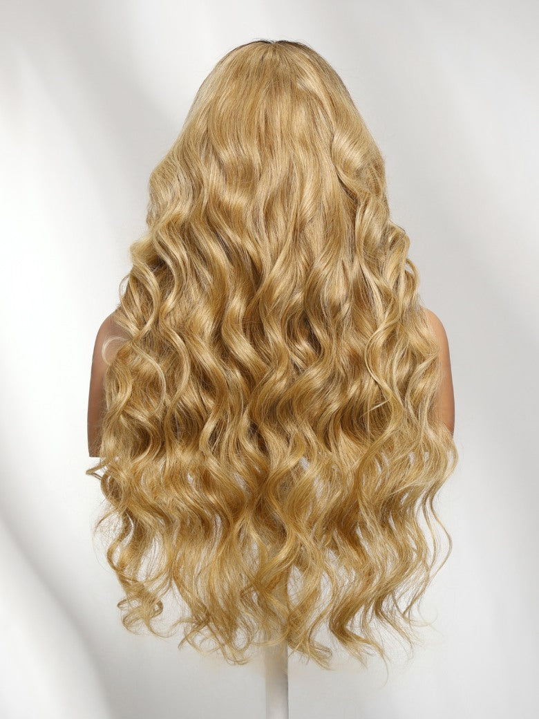 7x5 Pre Cut Sun-kissed Golden Ombre Honey Blonde Long Body Wave Lace Frontal Wig With Brown Roots