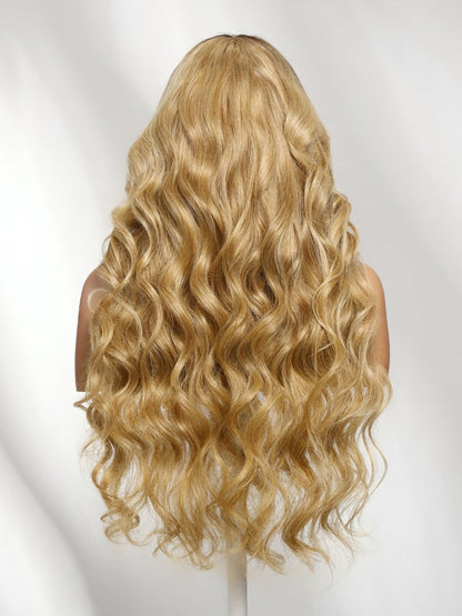 7x5 Pre Cut Sun-kissed Golden Ombre Honey Blonde Long Body Wave Lace Frontal Wig With Brown Roots