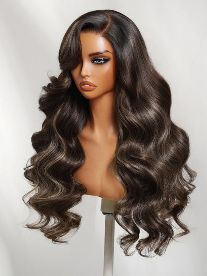 7x5 Pre Cut Dark Brown Chocolate Highlights Lace Part Wig With Side Part Soft Glam Waves