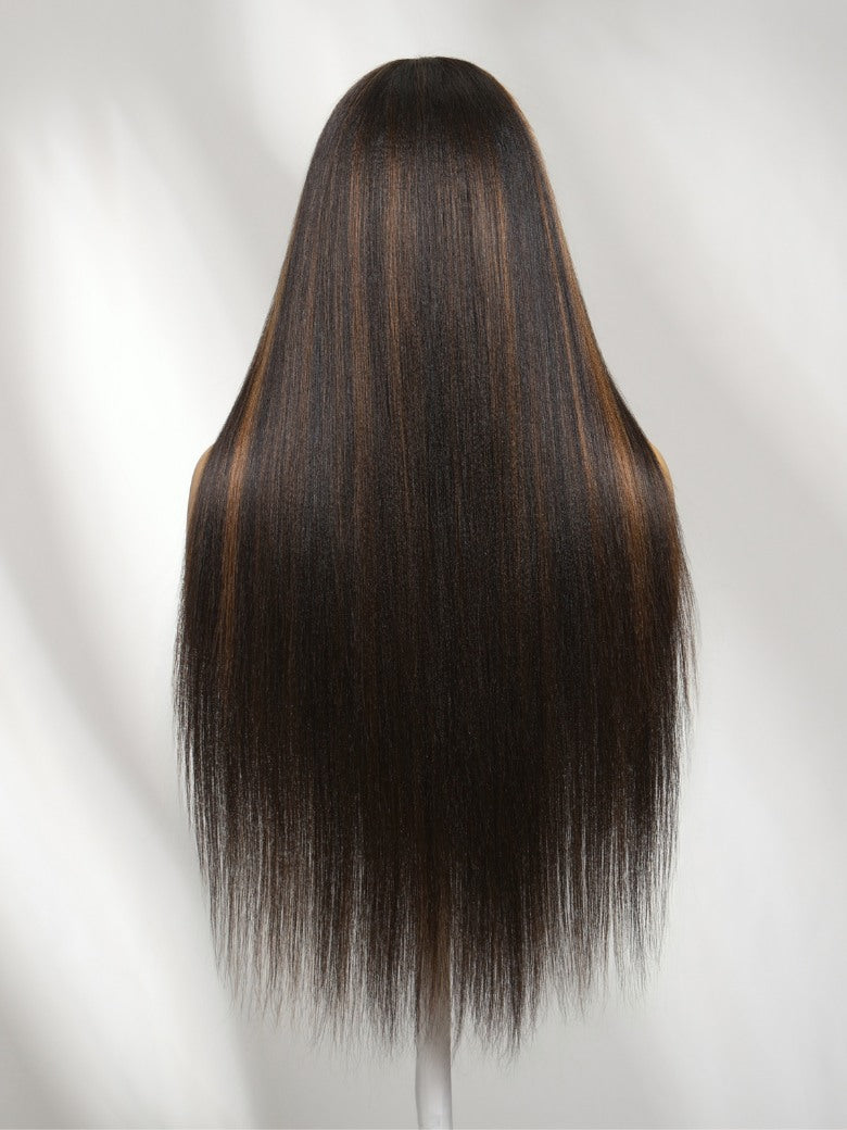 7x5 Pre Cut Golden Brown Highlights Yaki Straight Lace Closure Wig With Invisi Drawstring