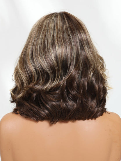 7x5 Pre Cut Dark Brown with Honey Blonde Highlights Shoulder-Length Bob Wavy Lob Loose Curls Lace Part Wig With Layers