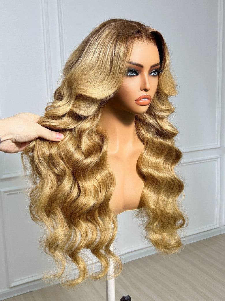 7x5 Pre Cut Sun-kissed Golden Ombre Honey Blonde Long Body Wave Lace Frontal Wig With Brown Roots