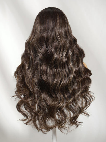 7x5 Pre Cut Dark Brown Chocolate Highlights Lace Part Wig With Side Part Soft Glam Waves