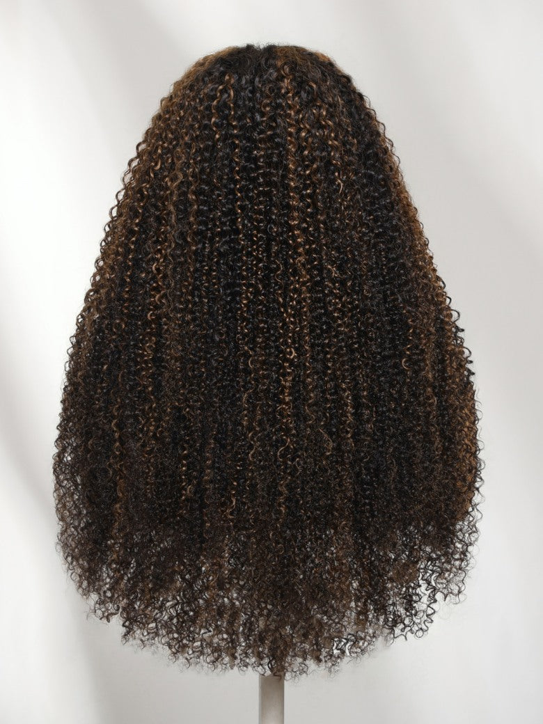 7x5 Pre Cut Golden Brown Highlights Kinky Curly Lace Closure Wig With Invisi Drawstring