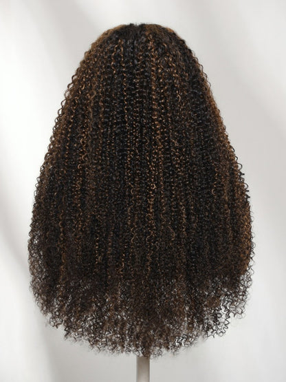 7x5 Pre Cut Golden Brown Highlights Kinky Curly Lace Closure Wig With Invisi Drawstring