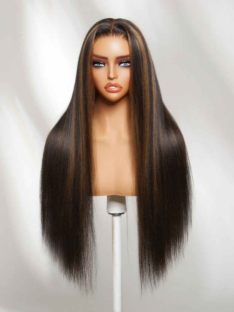 7x5 Pre Cut Golden Brown Highlights Yaki Straight Lace Closure Wig With Invisi Drawstring