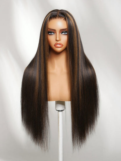 7x5 Pre Cut Golden Brown Highlights Yaki Straight Lace Closure Wig With Invisi Drawstring
