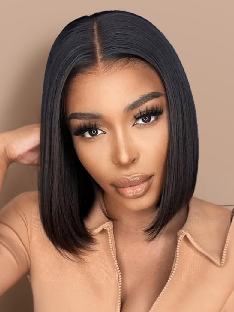7x5 No Slip Pre-Cut Lace Blunt Cut Silky Straight Bob Wig With Elastic Drawstring Flash Sale