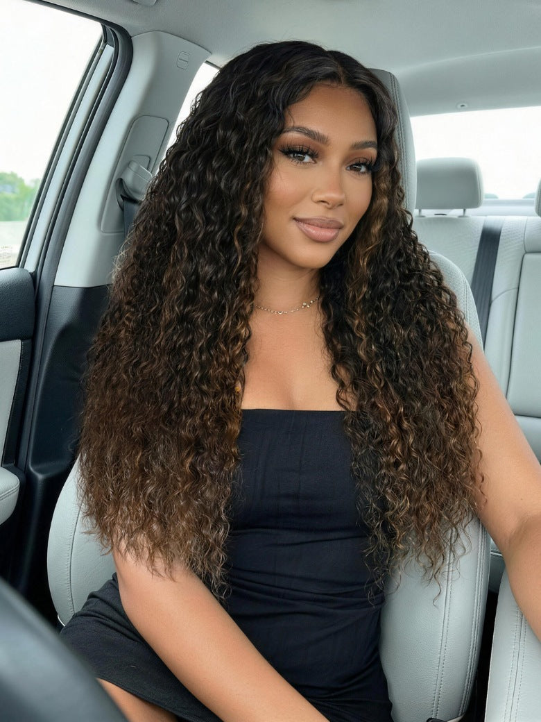 7x5 Pre Cut Ombre Chestnut Brown Water Wave & Curly Mixed Lace Wig With Invisi Drawstring