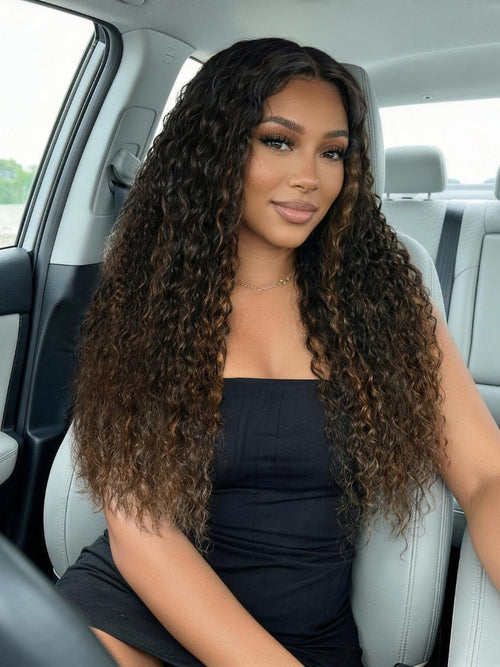 7x5 Pre Cut Ombre Chestnut Brown Water Wave & Curly Mixed Lace Wig With Invisi Drawstring