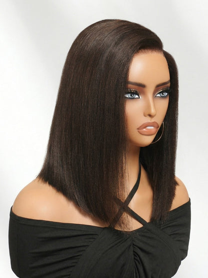 7x5 Pre Cut Side Part Yaki Straight Bob Rich Espresso Brown Shoulder-Length Lace Wig with Invisi Drawstring Flash Sale