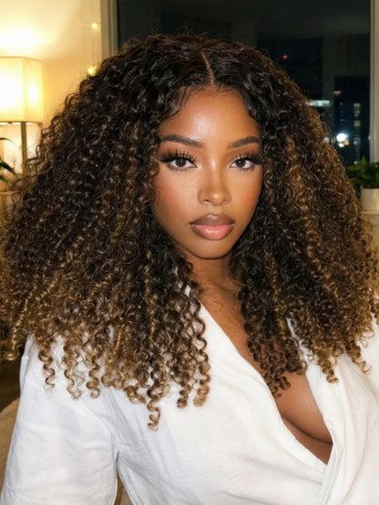 7x5 Pre Cut Golden Brown Highlights Kinky Curly Lace Closure Wig With Invisi Drawstring