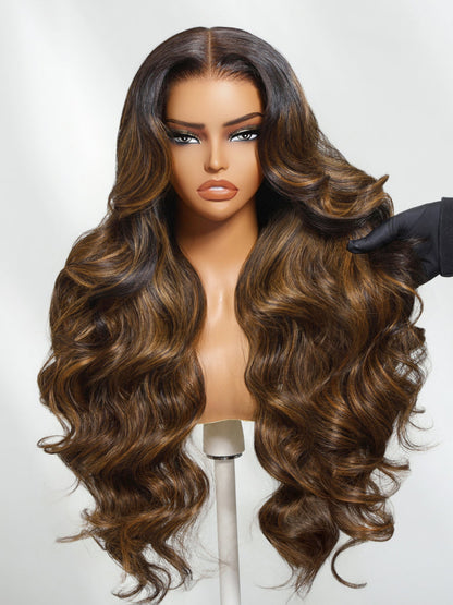 7x5 Pre Cut Balayage Highlight Body Wave Lace Wigs With Invisi Drawstring
