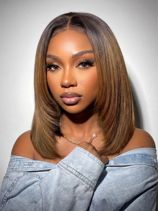180% Density 7x5 Pre Cut Black to Chestnut Brown Ombre Yaki Straight Bob Lace Wig With Soft Face-framing Layers