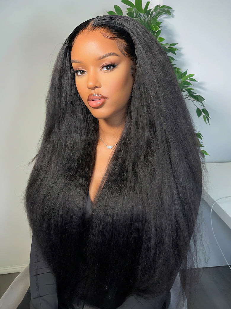 13x4 HD Real Scalp Pre Everything Natural Black Kinky Straight Lace Frontal Wig With Invisi Drawstring