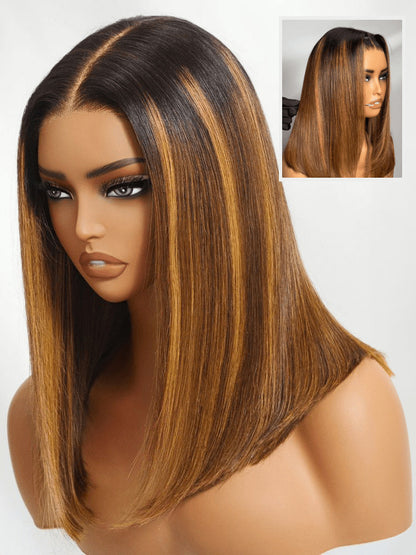 Caramel Highlights On Blonde 7x5/13x4 Pre Cut Lace Straight Bob Hair Wig With Dark Roots Flash Sale