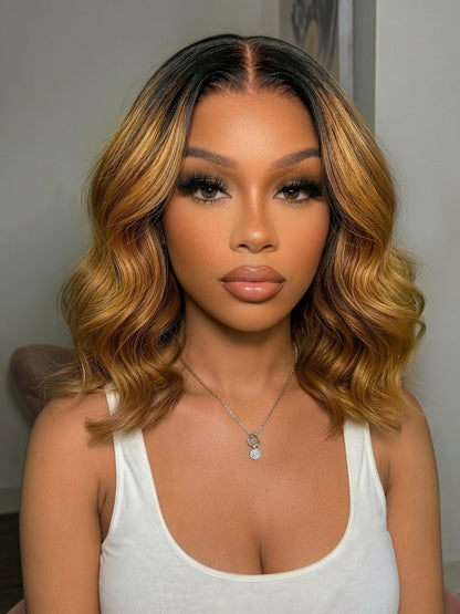 7x5 Pre Cut Caramel Blonde Highlights Blow-out Body Wave Bob Lace Wig With Face-Framing Layers