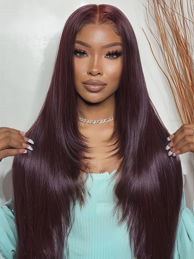 Black Cherry Lace Frontal Dark Burgundy Wig-Long Layered Cut & Pre Everything & Flash Sale