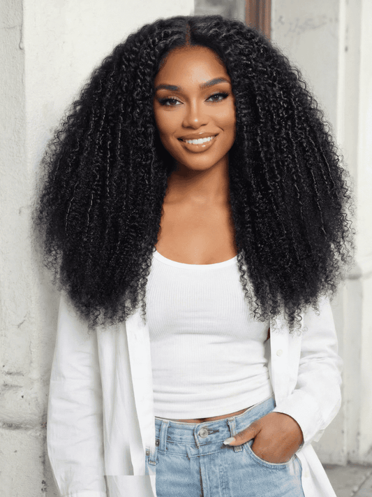 180% Density 4C Afro-coily Tight Voluminous Kinky Curly 7x5 Pre Cut Lace Wig With Finger Coils