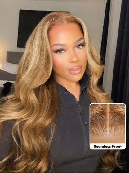 7x5 Pre-Cut Body Wave Bye Bye Knots Honey Blonde Glueless Highlights Lace Human Hair Wig