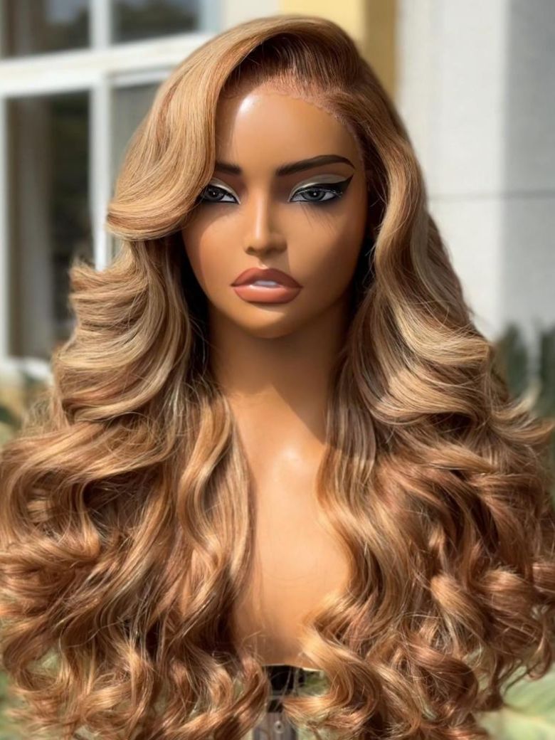 7x5 Pre-Cut Body Wave Bye Bye Knots Honey Blonde Glueless Highlights Lace Human Hair Wig