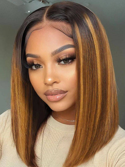 Caramel Highlights On Blonde 7x5/13x4 Pre Cut Lace Straight Bob Hair Wig With Dark Roots Flash Sale