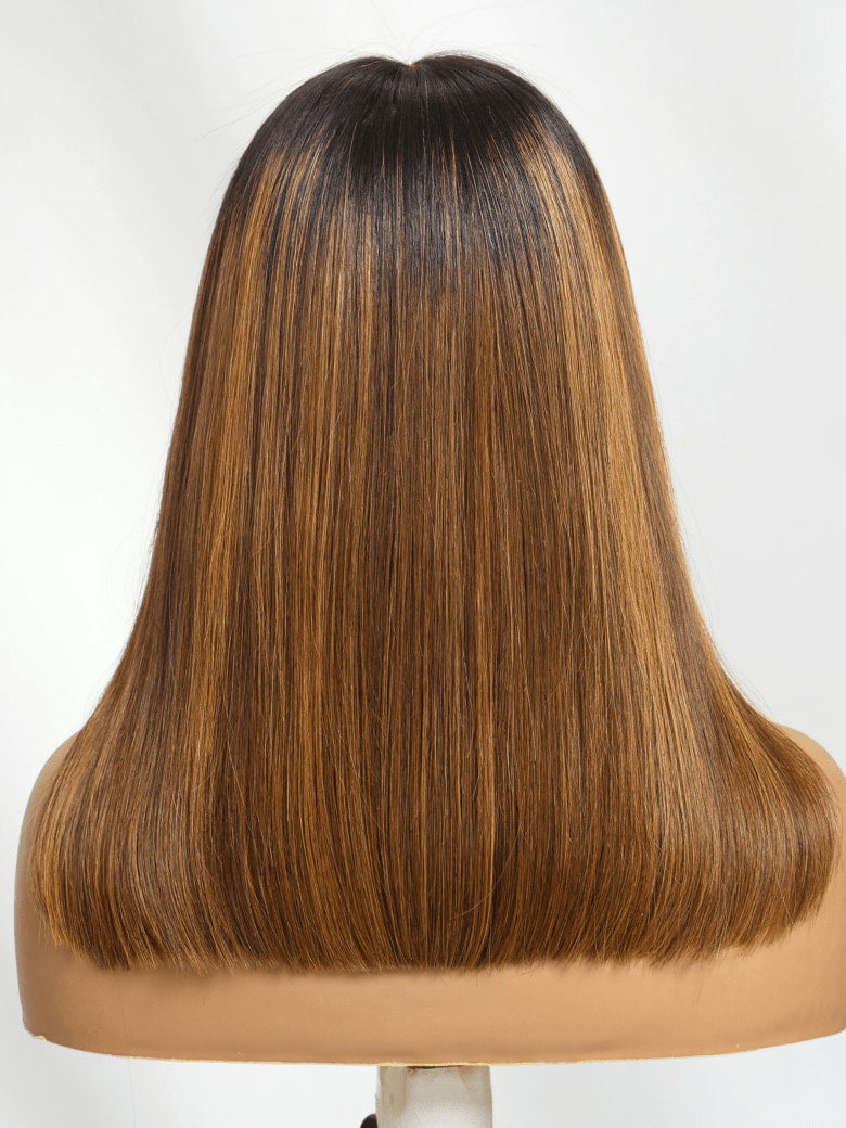 Caramel Highlights On Blonde 7x5/13x4 Pre Cut Lace Straight Bob Hair Wig With Dark Roots Flash Sale
