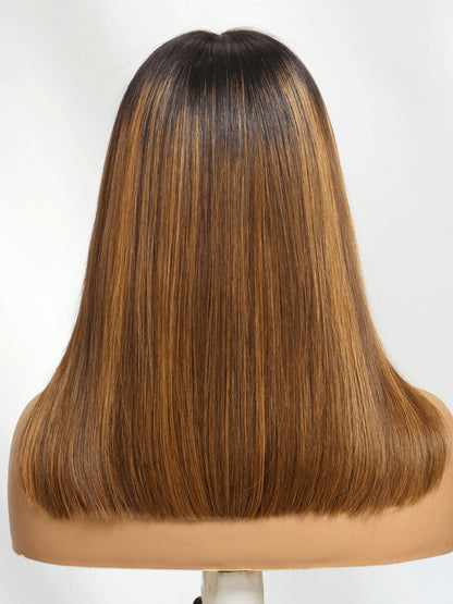 Caramel Highlights On Blonde 7x5/13x4 Pre Cut Lace Straight Bob Hair Wig With Dark Roots Flash Sale